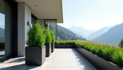 Obraz premium Modern terrace with plants offers mountain view. Clean concrete floor and dark planters frame rich green vegetation. Sunlight creates patterns on walkway.