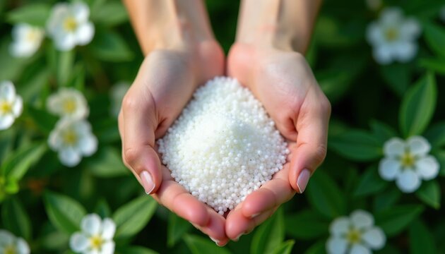 Hands hold white pellets, showing eco-friendly material. Sustainable plastic alternatives for a greener future. Biodegradable beads imply eco-conscious production.