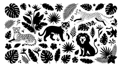 Wildlife animal vector set with tiger lion cheetah leopard and tropical leaves jungle illustration © Md