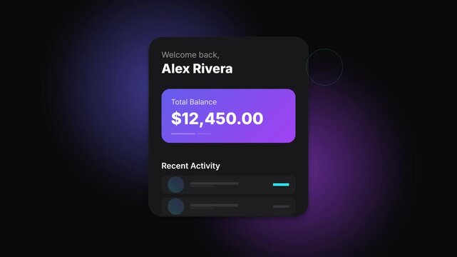 Financial Dashboard Displaying Account Balance and Recent Activity on Dark Background.