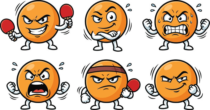 Table tennis ping pong ball mascot cartoon vector set featuring angry competitive personified orange ball characters with paddles for sports team branding youth athletic club logos and tournaments.