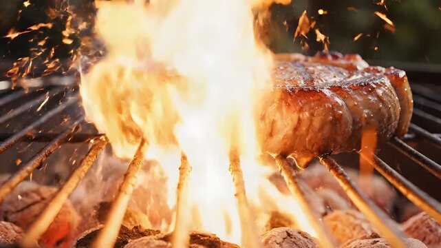 Sizzling meat roasting on skewers over an open flame with bright orange and yellow fire