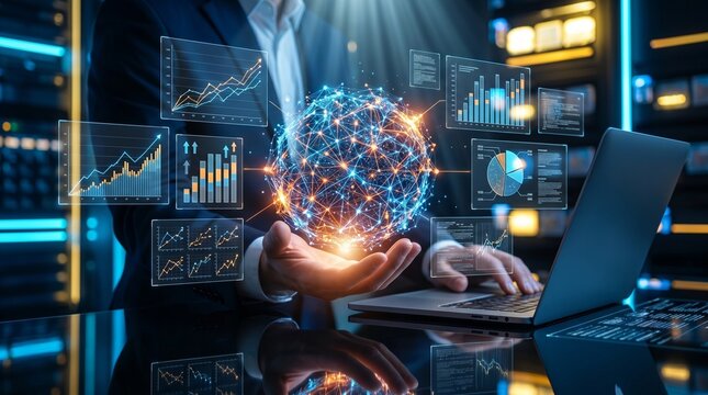 Businessman holding digital network globe with holographic financial charts and global data visualization over laptop