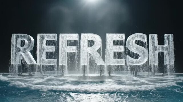 Invigorating icy word 'REFRESH' formed from frozen water, cascading downward into shimmering fluid, evoking coolness, renewal, and a crisp sensation under dramatic atmospheric lighting
