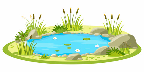 Cartoon pond with blue water and green vegetation © Pali