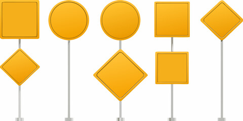 yellow traffic signs collection with various shapes on white background © Pali