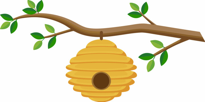 cartoon beehive hanging from a branch on white background