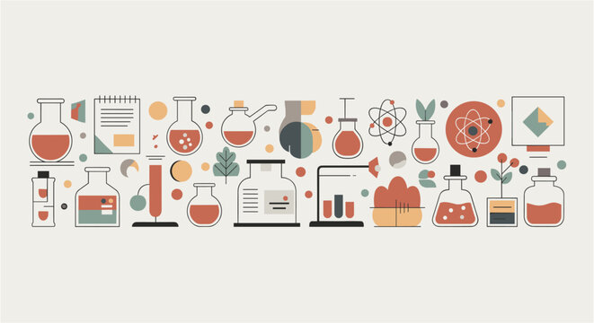 Collection of scientific laboratory equipment and abstract shapes in a flat design style
