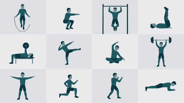 Collection of vector illustrations depicting various fitness exercises and workouts