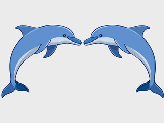 Obraz premium Two identical cartoon blue dolphins leap side by side on a plain light grey background.