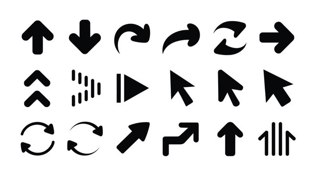 Black arrow vector icon set collection of directional navigation symbols for UI, UX, web, mobile app interfaces, and infographic design projects