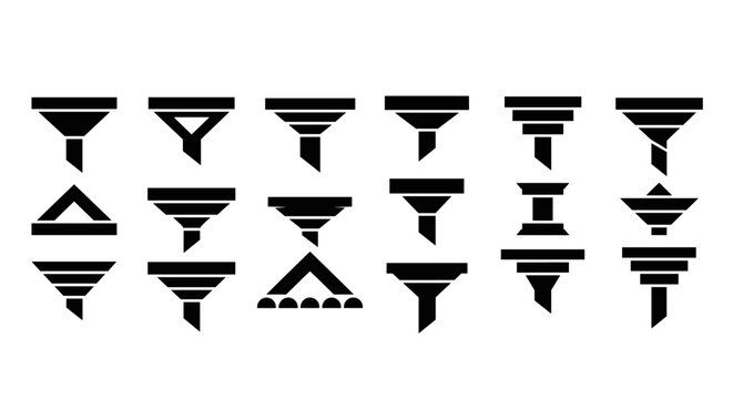 Collection of diverse black funnel icons representing filtering and data processing
