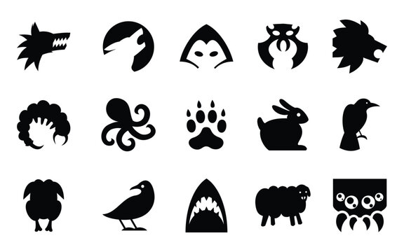 PrintGroup of fifteen flat black icons featuring animal silhouettes such as wolf, owl, spider, lion, octopus, paw print, rabbit, crow, chicken, bird, shark, sheep, and a creature head.