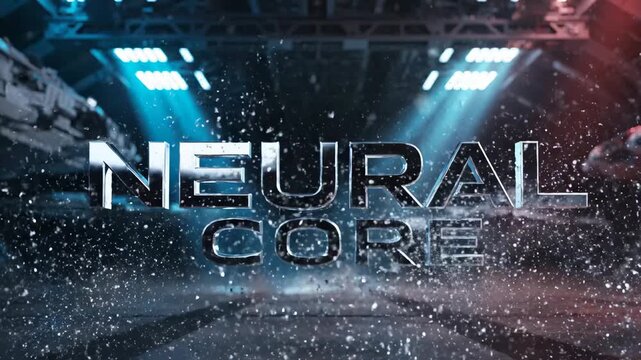 The dynamic three-dimensional typography for 'Neural Core' illuminates dramatically within a futuristic arena, showered with energetic particles and atmospheric lighting, creating an impactful