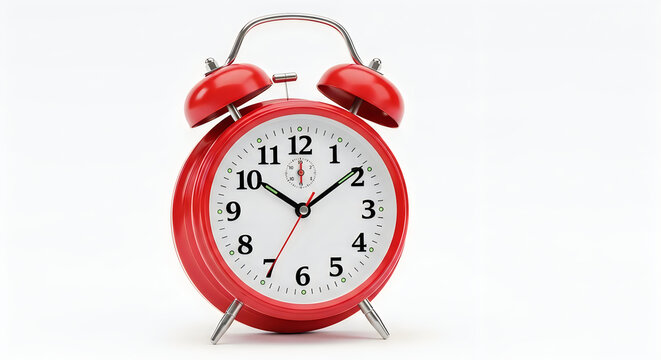 Red vintage style alarm clock on white background showing time