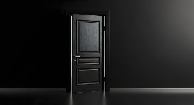A black door slightly ajar in a dark room with a subtle light source