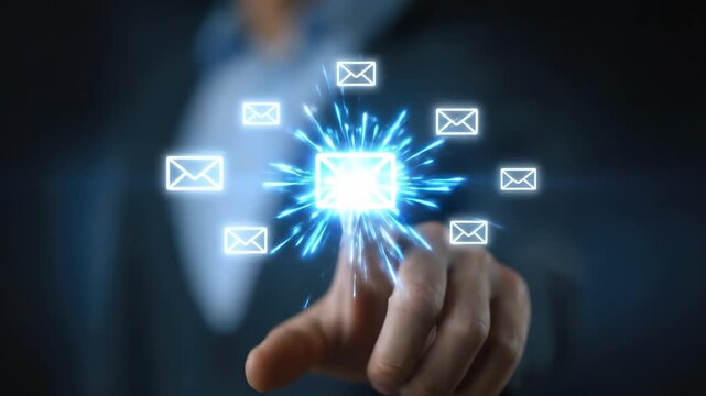 Professional's hand touching virtual mail icons, representing global digital communication, modern business networking, internet connectivity, information exchange, future technology