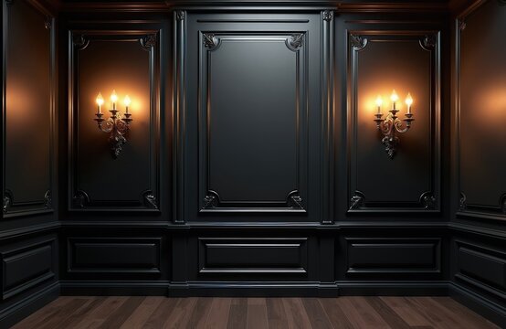 Luxurious dark interior wall paneling with ornate sconces and warm lighting. Empty room with wood floor creates an elegant, classic atmosphere suitable for sophisticated settings or dramatic scenes.