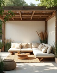 Minimalist outdoor lounge with wooden pergola offers serene seating. Beige cushions accent neutral tones. Natural light creates peaceful atmosphere. Perfect for relaxation, quiet contemplation in