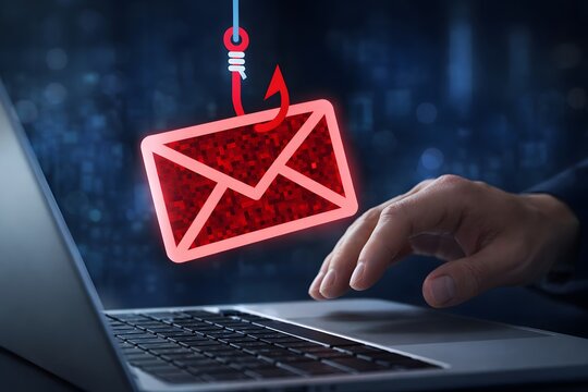Phishing attack and scam email. Man falling victim to phishing. Spoofing and fraudulent messages arrives on laptop computer.