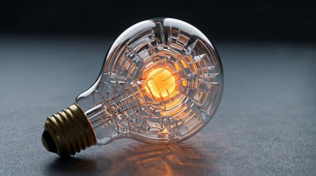 Abstract 3D render of a clear lightbulb containing a complex glass maze with a glowing orange light in the center representing problem solving and innovation