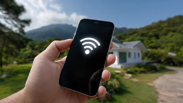 Hand holding a mobile phone with Wi-Fi signal, smart home automation technology, modern house remote control, wireless internet connectivity, digital lifestyle in nature