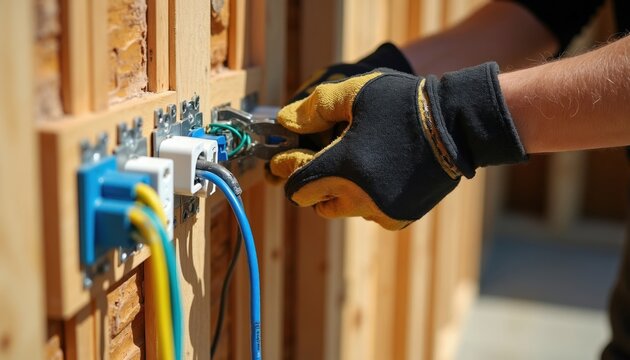 Electrician installs electrical outlets on wooden wall. Worker connects wires using pliers. New home construction, building power supply. Safety gloves protect hands on site. Pro electrical work.