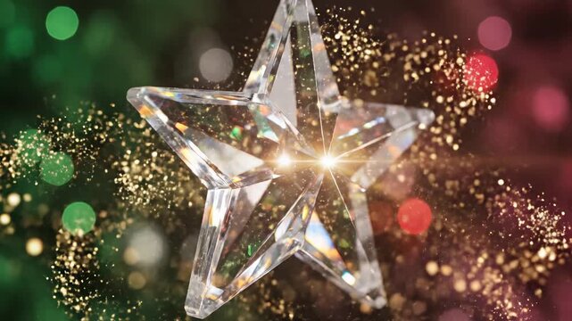 A glittering multifaceted crystal star embellishes a festive luminous backdrop with swirling golden sparkles and bokeh lights, evoking Christmas cheer and celebratory radiance during the holiday