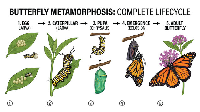Detailed illustration showcasing the complete metamorphosis of a butterfly, illustrating its fascinating lifecycle from egg and larva to pupa and elegant adult insect