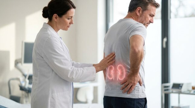Human organ malfunction: kidney disease, medical consultation, patient discomfort, lumbar pain, doctor examine, health concern, body scan, urology check.