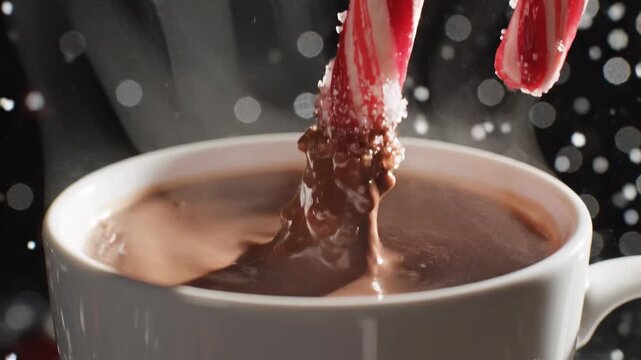A delightful festive refreshment swirls as a classic sweet candy cane with crystalline sugar accents dips into a warm mug filled with rich, comforting chocolate beverage, evoking holiday cheer