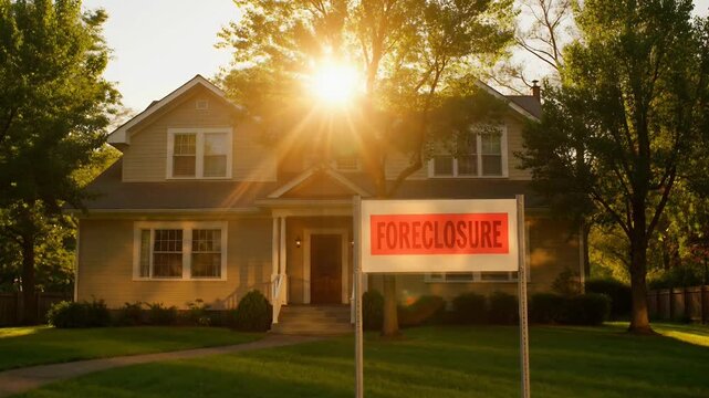 Suburban House with Foreclosure Sign During Golden Hour Sunlight Through Trees