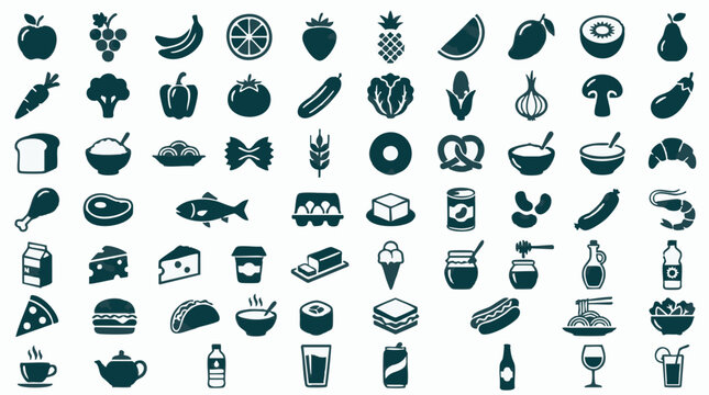 Large collection of diverse food and drink icons, vector illustration set