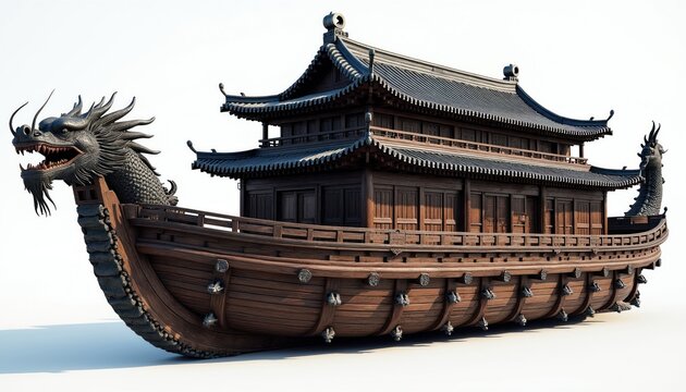 Traditional Korean dragon head turtle ship is a historical war vessel. This wooden warship has ornate dragon heads on bow and stern. It is isolated on a white background.