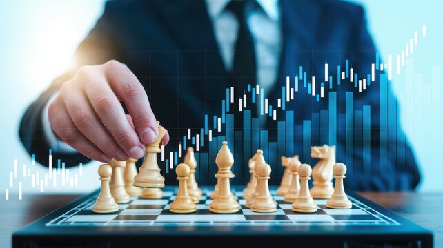 Person playing chess with stock market chart background