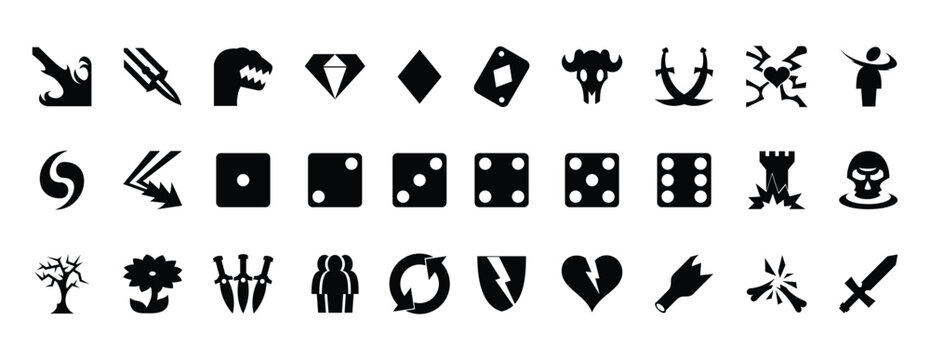 fantasy game icon vector collection featuring weapons, dice, elemental symbols, mystical emblems, abstract signs and rpg user interface assets