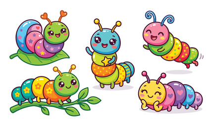 Obraz premium Adorable cartoon caterpillars in various playful poses, set against a clean white background