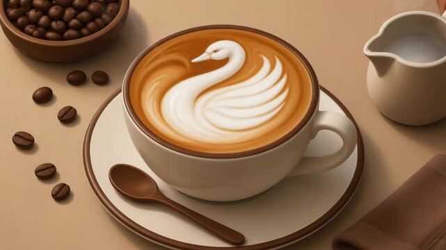 A ceramic cup of latte featuring delicate swan shaped foam art sits on a saucer with coffee beans and a small spoon for an elegant morning coffee experience in a cozy cafe setting.