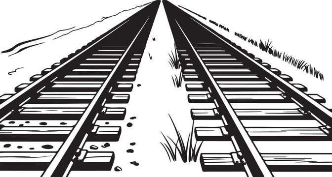 Perspective view of parallel railway tracks vanishing into distance with grass and textured ground in monochrome drawing style.
