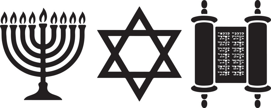 Set of jewish religious symbols menorah star of david and torah scroll on transparent background.