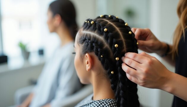 Hair stylist braids intricate box braids with gold beads on black hair. Woman gets hair styled with decorative elements in salon. Client has long hair styled with precision. Beauty and fashion.