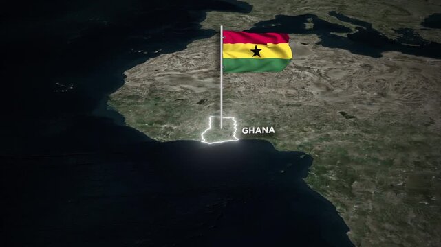 Ghana Map Animation with 3D Waving of Ghana National Flag and Glowing Border Animation on World Map
