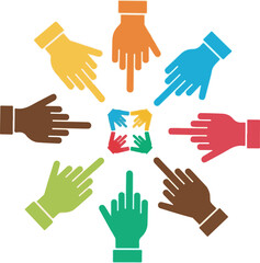 Fototapeta premium Multiple colorful hands arranged in a circular formation pointing toward a tiny group of small connected hands representing unity together