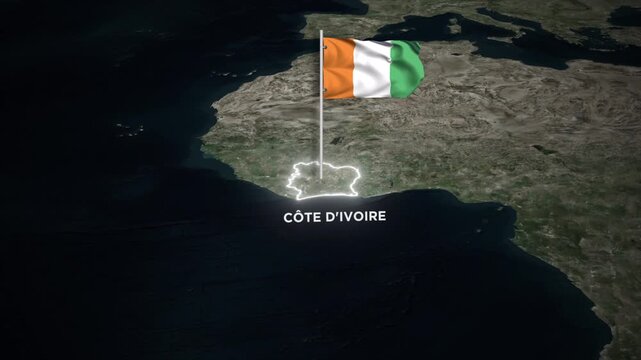 Ivory Coast Map Animation with 3D Waving of C&ocirc;te d'Ivoire National Flag and Glowing Border Animation on World Map