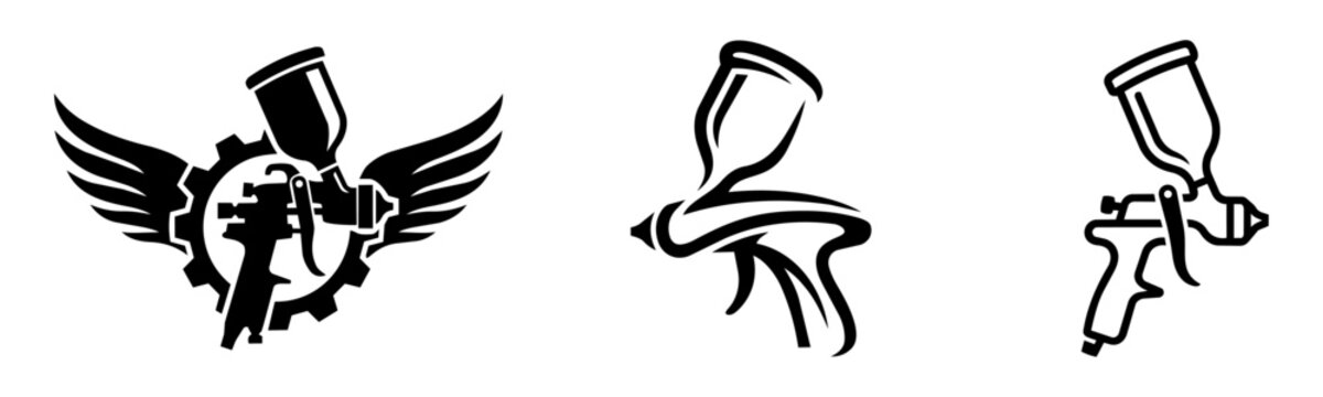 Set of professional paint spray gun icons, vector illustration of HVLP sprayers in minimalist black style.