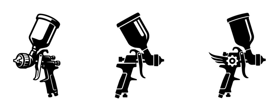 Set of professional paint spray gun icons, vector illustration of HVLP sprayers in minimalist black style.