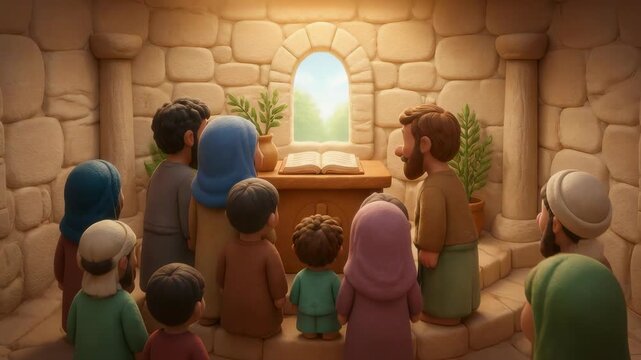 A group of stylized figures in ancient robes stands in a stone chamber observing a central text, capturing a moment of quiet reflection and community learning within a historical sanctuary setting.