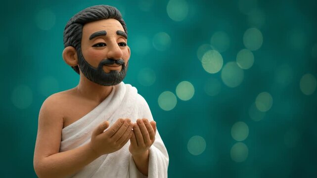 A claymation style man with a beard and white ihram robes stands in peaceful prayer, capturing a serene moment of spiritual devotion in a stylized artistic rendering of the sacred Hajj pilgrimage.