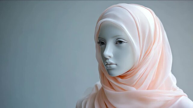 A woman in a delicate pink hijab. The veil is thrown over her head and very long. Muslim woman in a hijab. The bride is a maneken in a wedding white festive dress and a hijab. Modesty. Religion of Isl