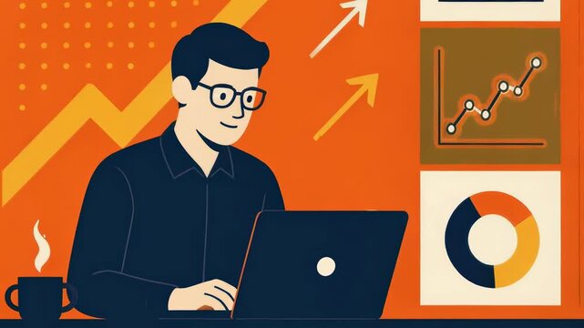 A professional man in a dark shirt works diligently on his laptop as steam rises from a cup, creating a productive atmosphere with business analytics charts and graphical growth indicators displayed.